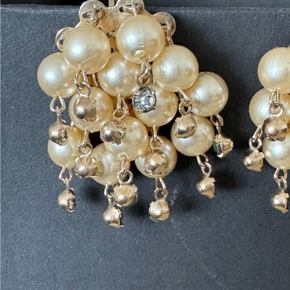 Faux Pearl Cluster with gold accents and crystals clip on Earrings - Picture 2 of 5